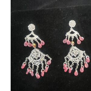 Vintage Silver-tone, Rhinestone & Pink Crystals Chandelier  Earrings